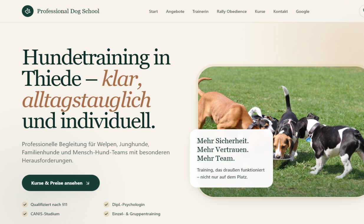 Screenshot der Hunde-Schule Version 1 Website